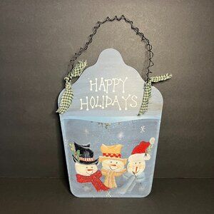 Decorative Blue Metal 3 Snowman 'Happy Holidays' Christmas Wall Decor Pocket